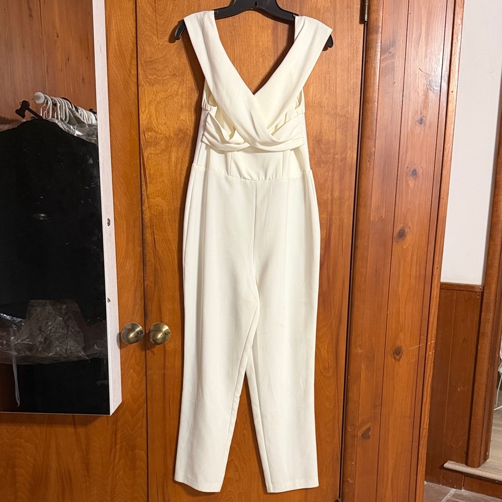 H&M Cream Twist-Front V-Neck Jumpsuit